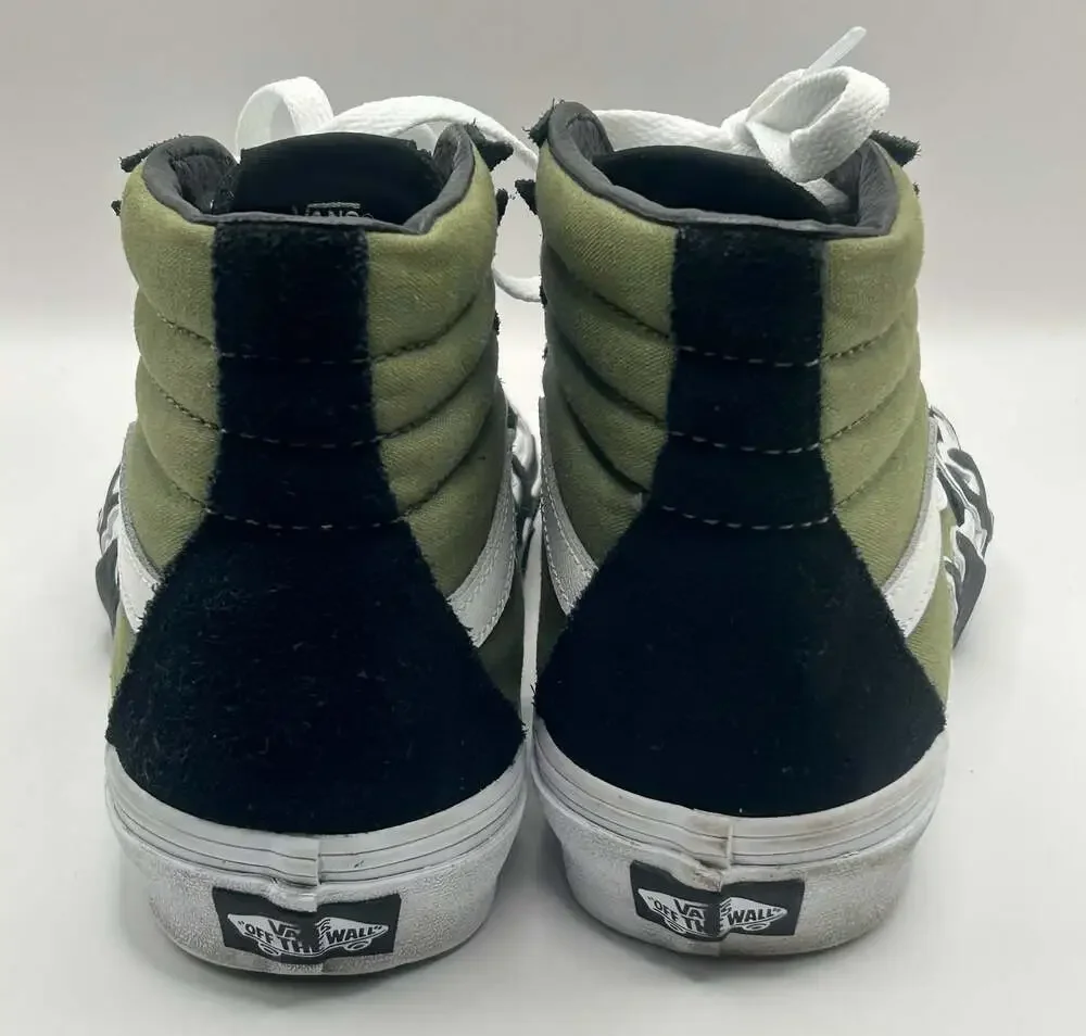 Vans Sk8-Hi High Top Sneakers with Black Flame Details and Olive Green Canvas